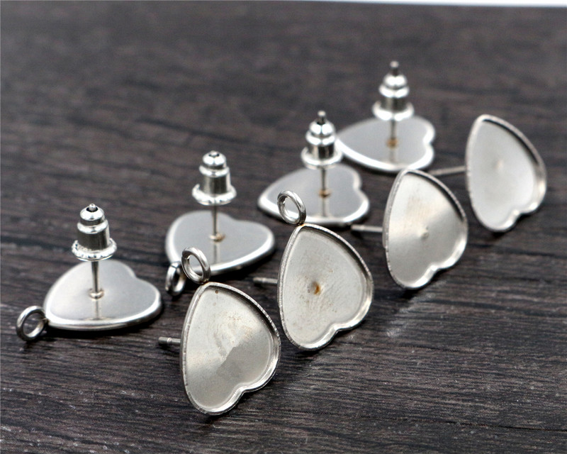 (Fără decolorare) 12 mm 20 buc șuruburi de cercei din oțel inoxidabil în stil inimă, se potrivesc cu cabușoane din sticlă inimă de 12 mm, nasturi; rame pentru cercei