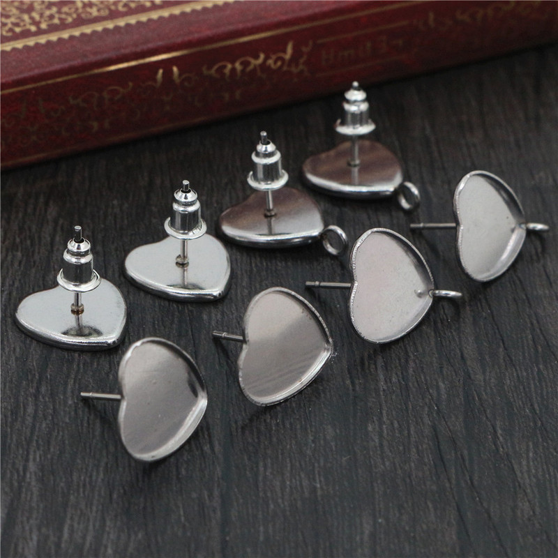 (Fără decolorare) 12 mm 20 buc șuruburi de cercei din oțel inoxidabil în stil inimă, se potrivesc cu cabușoane din sticlă inimă de 12 mm, nasturi; rame pentru cercei