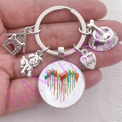 Aranyos kisállat kutya kulcstartó Mancs Kutya Üveg Cabochon Kulcstartó Top kutyaház Bűbájok Kulcstartók I Love my dog medál kulcstartó Ajándékok