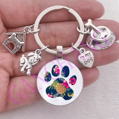 Aranyos kisállat kutya kulcstartó Mancs Kutya Üveg Cabochon Kulcstartó Top kutyaház Bűbájok Kulcstartók I Love my dog medál kulcstartó Ajándékok