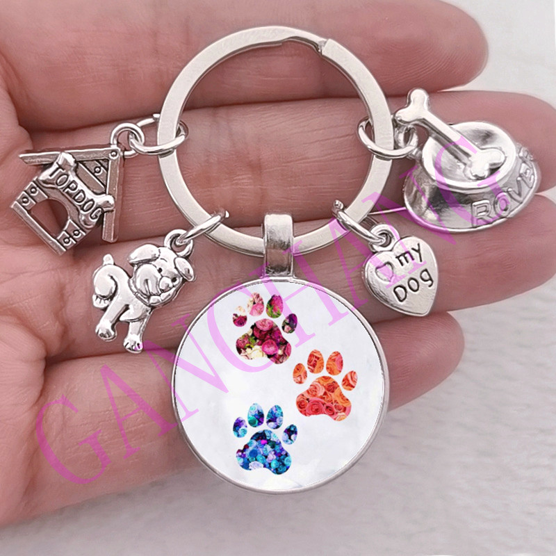 Aranyos kisállat kutya kulcstartó Mancs Kutya Üveg Cabochon Kulcstartó Top kutyaház Bűbájok Kulcstartók I Love my dog medál kulcstartó Ajándékok