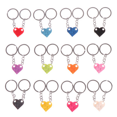 2Pcs Cute Love Heart Brick Keychain for Couples Friendship Women Men Girl Boy Lego Elements Key Ring Birthday Jewelry Gift