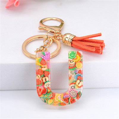 Vaisių gabalėlis Anglų raidžių raktų pakabukas Crystal Drip Resin Pakabukų priedai Paprasti kutai, abėcėlės raktų pakabukas Madinga moteriška krepšio dovana