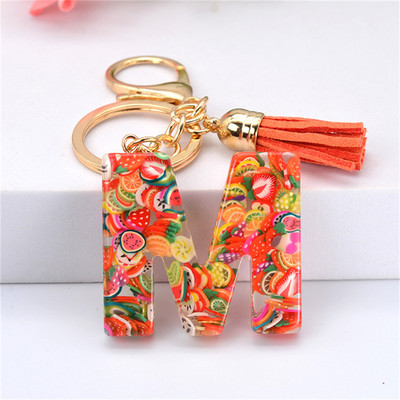 Vaisių gabalėlis Anglų raidžių raktų pakabukas Crystal Drip Resin Pakabukų priedai Paprasti kutai, abėcėlės raktų pakabukas Madinga moteriška krepšio dovana