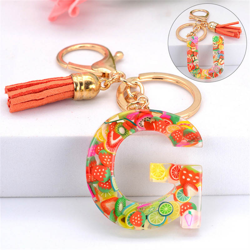 Vaisių gabalėlis Anglų raidžių raktų pakabukas Crystal Drip Resin Pakabukų priedai Paprasti kutai, abėcėlės raktų pakabukas Madinga moteriška krepšio dovana