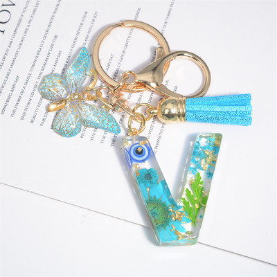 AZ kuivatatud lilledega tähed võtmehoidja Populaarne vaigust tähestik Võtmehoidja Liblikas Tutt Ripats Võtmehoidja Naiste Ehted Aksessuaar Kingitus