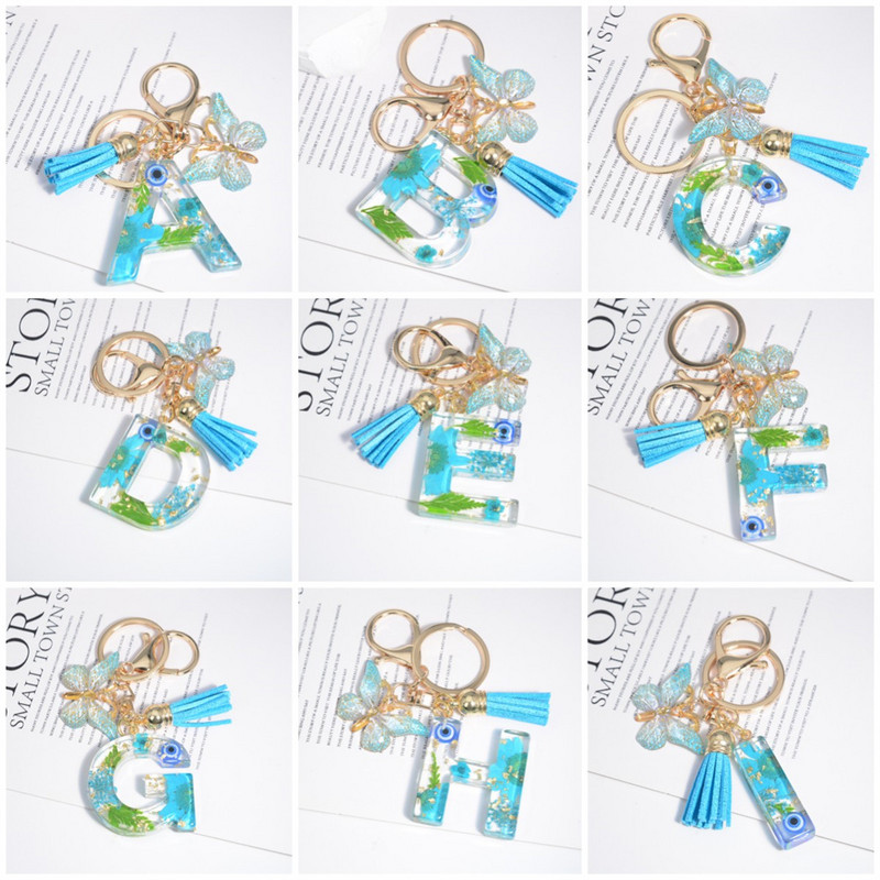 AZ kuivatatud lilledega tähed võtmehoidja Populaarne vaigust tähestik Võtmehoidja Liblikas Tutt Ripats Võtmehoidja Naiste Ehted Aksessuaar Kingitus