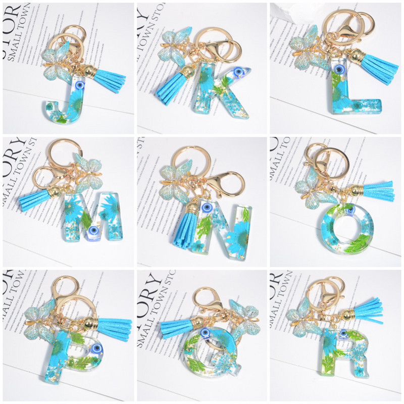 AZ kuivatatud lilledega tähed võtmehoidja Populaarne vaigust tähestik Võtmehoidja Liblikas Tutt Ripats Võtmehoidja Naiste Ehted Aksessuaar Kingitus