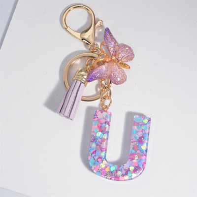Μπρελόκ με αρχικό γράμμα για γυναίκες Φούντα πεταλούδα μωβ Χαριτωμένο μπρελόκ αυτοκινήτου για γυναικεία κοριτσίστικα πορτοφόλια στολίδια σακίδιο πλάτης