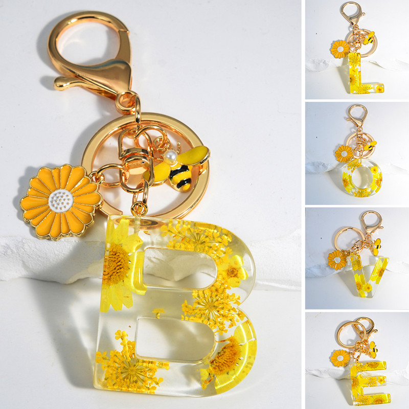 Armas 26 Initial A kuni Z Mesilaste võtmehoidja kuivlillevaigust päevalilleripatsiga võtmehoidja naistele auto võtmehoidja käekoti tarvikud