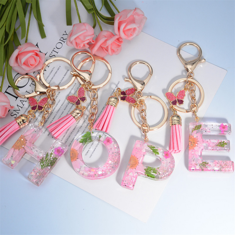 Raktų pakabukas su džiovintomis gėlėmis, užpildytas derva, abėcėlės inicialai Raktų pakabukas Mielas drugelio raktų pakabukas moterims piniginės pakabukas raktų priedas