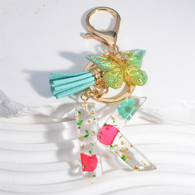 Madingi žiedlapiai su aukso lapais užpildyta derva, 26 raidžių raktų pakabukas, moteriškas lankelis, kutas, raktų pakabukas, pakabukas mergaičių automobilio raktų laikikliui, dovanoms