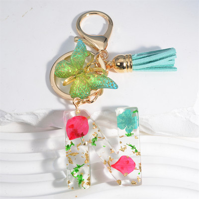 Madingi žiedlapiai su aukso lapais užpildyta derva, 26 raidžių raktų pakabukas, moteriškas lankelis, kutas, raktų pakabukas, pakabukas mergaičių automobilio raktų laikikliui, dovanoms