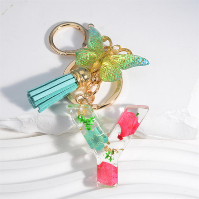 Madingi žiedlapiai su aukso lapais užpildyta derva, 26 raidžių raktų pakabukas, moteriškas lankelis, kutas, raktų pakabukas, pakabukas mergaičių automobilio raktų laikikliui, dovanoms