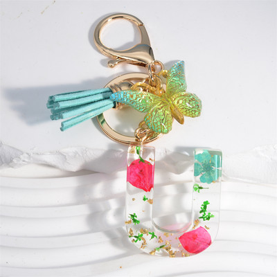 Madingi žiedlapiai su aukso lapais užpildyta derva, 26 raidžių raktų pakabukas, moteriškas lankelis, kutas, raktų pakabukas, pakabukas mergaičių automobilio raktų laikikliui, dovanoms