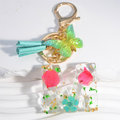 Madingi žiedlapiai su aukso lapais užpildyta derva, 26 raidžių raktų pakabukas, moteriškas lankelis, kutas, raktų pakabukas, pakabukas mergaičių automobilio raktų laikikliui, dovanoms