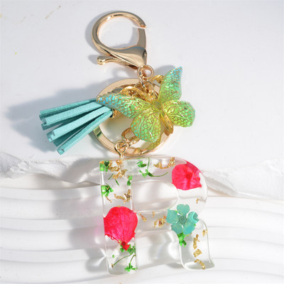 Madingi žiedlapiai su aukso lapais užpildyta derva, 26 raidžių raktų pakabukas, moteriškas lankelis, kutas, raktų pakabukas, pakabukas mergaičių automobilio raktų laikikliui, dovanoms