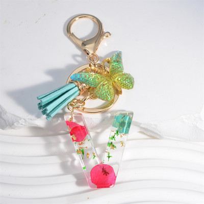 Madingi žiedlapiai su aukso lapais užpildyta derva, 26 raidžių raktų pakabukas, moteriškas lankelis, kutas, raktų pakabukas, pakabukas mergaičių automobilio raktų laikikliui, dovanoms