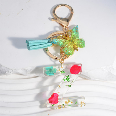 Madingi žiedlapiai su aukso lapais užpildyta derva, 26 raidžių raktų pakabukas, moteriškas lankelis, kutas, raktų pakabukas, pakabukas mergaičių automobilio raktų laikikliui, dovanoms