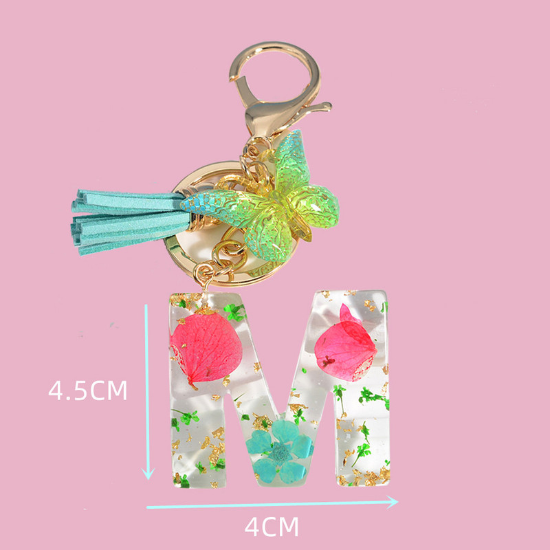 Madingi žiedlapiai su aukso lapais užpildyta derva, 26 raidžių raktų pakabukas, moteriškas lankelis, kutas, raktų pakabukas, pakabukas mergaičių automobilio raktų laikikliui, dovanoms