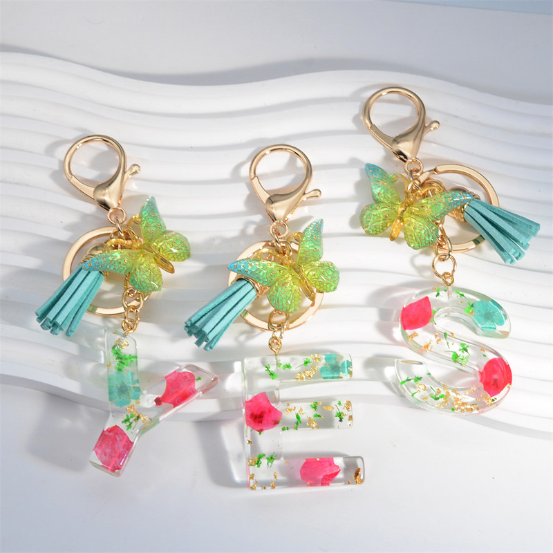 Madingi žiedlapiai su aukso lapais užpildyta derva, 26 raidžių raktų pakabukas, moteriškas lankelis, kutas, raktų pakabukas, pakabukas mergaičių automobilio raktų laikikliui, dovanoms