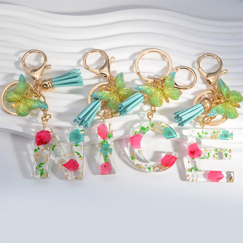 Madingi žiedlapiai su aukso lapais užpildyta derva, 26 raidžių raktų pakabukas, moteriškas lankelis, kutas, raktų pakabukas, pakabukas mergaičių automobilio raktų laikikliui, dovanoms