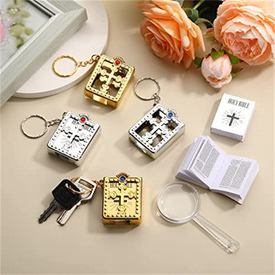 Mini Holy Bible Keychain Real Paper Can Read Religious Christian Cross Keyrings Car Key Holder Gifts