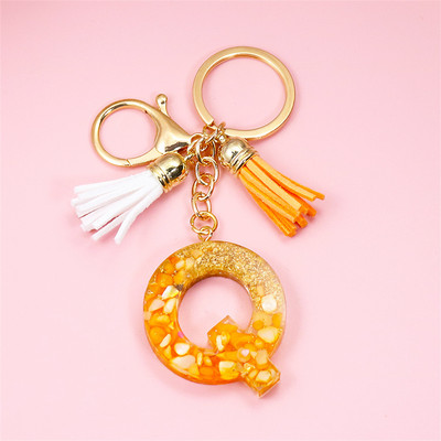 Κρεμαστό μενταγιόν με μπρελόκ πορτοκαλί AZ αρχικού γράμματος με διπλή φούντα πολύχρωμη ρητίνη γέμισης με πέτρα