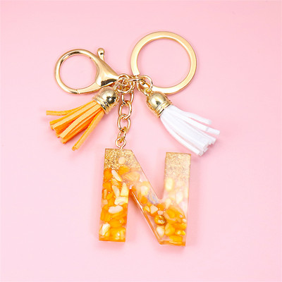 Κρεμαστό μενταγιόν με μπρελόκ πορτοκαλί AZ αρχικού γράμματος με διπλή φούντα πολύχρωμη ρητίνη γέμισης με πέτρα