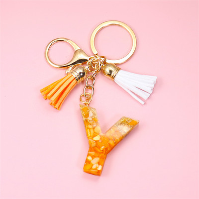 Κρεμαστό μενταγιόν με μπρελόκ πορτοκαλί AZ αρχικού γράμματος με διπλή φούντα πολύχρωμη ρητίνη γέμισης με πέτρα