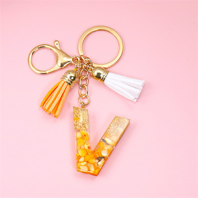 Κρεμαστό μενταγιόν με μπρελόκ πορτοκαλί AZ αρχικού γράμματος με διπλή φούντα πολύχρωμη ρητίνη γέμισης με πέτρα