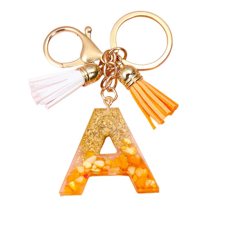 Κρεμαστό μενταγιόν με μπρελόκ πορτοκαλί AZ αρχικού γράμματος με διπλή φούντα πολύχρωμη ρητίνη γέμισης με πέτρα