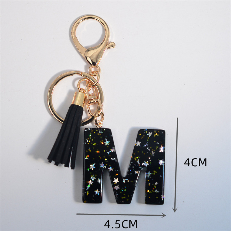 Mystery Black 26 γράμματα Μπρελόκ Shine Stars πούλιες Μπρελόκ από ρητίνη για θήκη αυτοκινήτου Φούντα μπρελόκ Γυναικεία τσάντα γούρι
