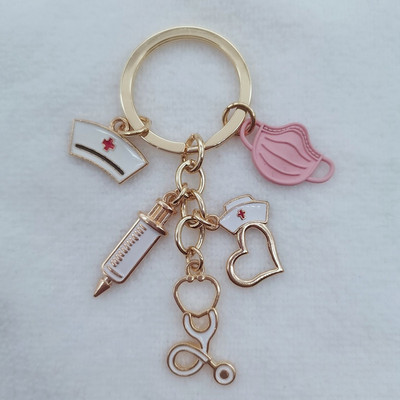 Naujas gydytojo raktų pakabukas, medicininis įrankis, raktų pakabukas, švirkštas, stetoskopas, slaugytojo dangtelis, raktų pakabukas Medico dovanų, rankų darbo papuošalai.