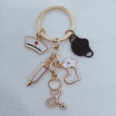 Naujas gydytojo raktų pakabukas, medicininis įrankis, raktų pakabukas, švirkštas, stetoskopas, slaugytojo dangtelis, raktų pakabukas Medico dovanų, rankų darbo papuošalai.
