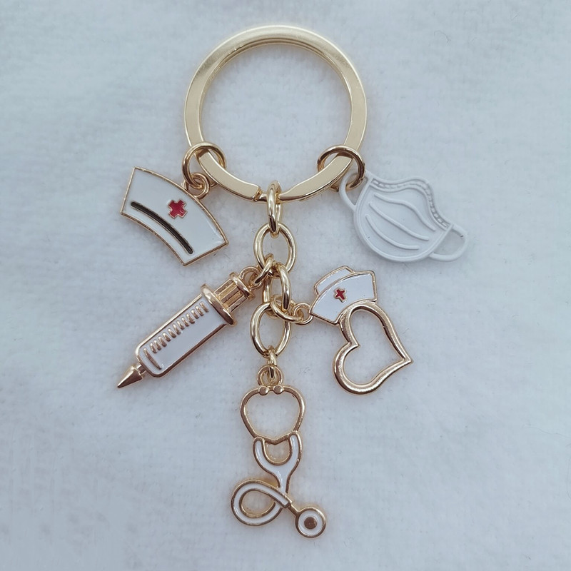 Naujas gydytojo raktų pakabukas, medicininis įrankis, raktų pakabukas, švirkštas, stetoskopas, slaugytojo dangtelis, raktų pakabukas Medico dovanų, rankų darbo papuošalai.