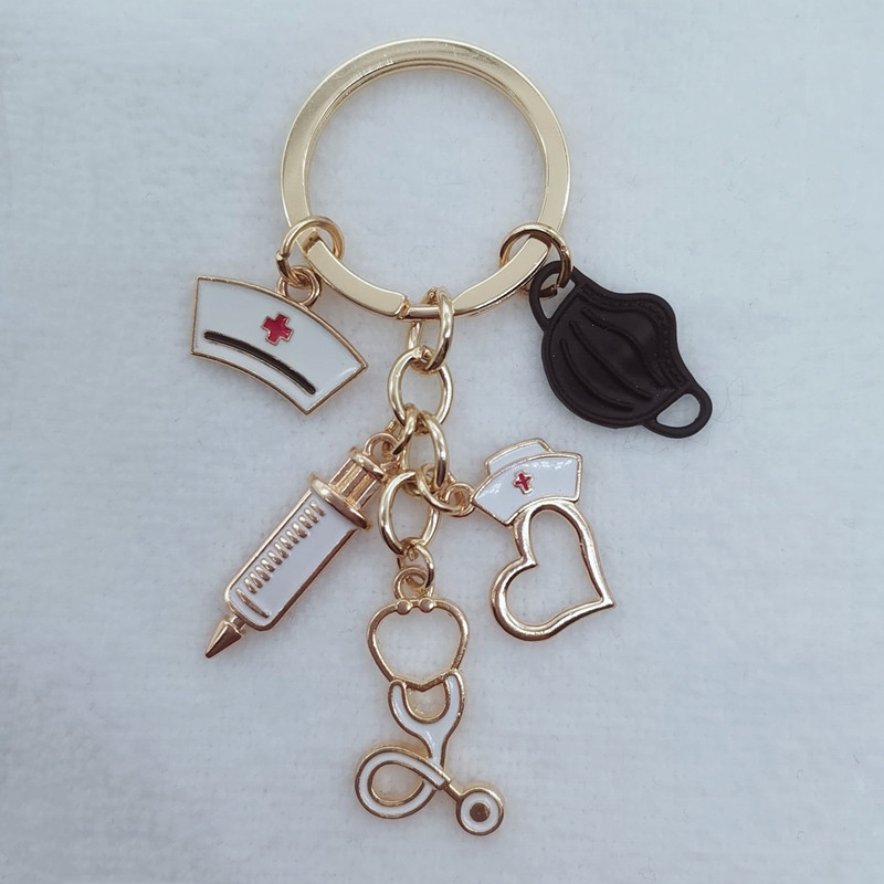Naujas gydytojo raktų pakabukas, medicininis įrankis, raktų pakabukas, švirkštas, stetoskopas, slaugytojo dangtelis, raktų pakabukas Medico dovanų, rankų darbo papuošalai.