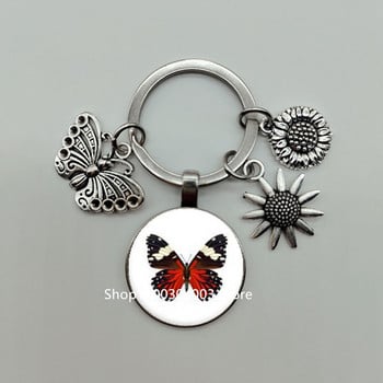 Νέο Μπρελόκ Butterfly Flower Keychain Glass Cabochon Γυναικεία μόδα Κοσμήματα Υψηλής ποιότητας Διακόσμηση αυτοκινήτου Μπρελόκ Παιδικά