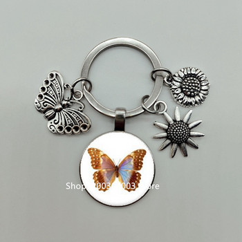 Νέο Μπρελόκ Butterfly Flower Keychain Glass Cabochon Γυναικεία μόδα Κοσμήματα Υψηλής ποιότητας Διακόσμηση αυτοκινήτου Μπρελόκ Παιδικά