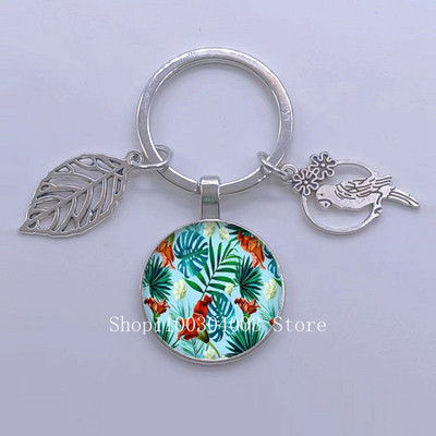 Πράσινα Τροπικά Φύλλα Γυάλινο Κρεμαστό Μπρελόκ Τροπικά Πράσινα Φυτά Φύλλα Γυαλί Cabochon Μπρελόκ Bird Hollow Leaves Μπρελόκ