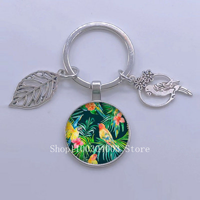 Πράσινα Τροπικά Φύλλα Γυάλινο Κρεμαστό Μπρελόκ Τροπικά Πράσινα Φυτά Φύλλα Γυαλί Cabochon Μπρελόκ Bird Hollow Leaves Μπρελόκ