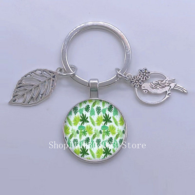 Πράσινα Τροπικά Φύλλα Γυάλινο Κρεμαστό Μπρελόκ Τροπικά Πράσινα Φυτά Φύλλα Γυαλί Cabochon Μπρελόκ Bird Hollow Leaves Μπρελόκ