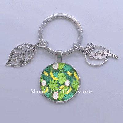 Πράσινα Τροπικά Φύλλα Γυάλινο Κρεμαστό Μπρελόκ Τροπικά Πράσινα Φυτά Φύλλα Γυαλί Cabochon Μπρελόκ Bird Hollow Leaves Μπρελόκ