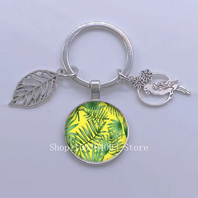 Πράσινα Τροπικά Φύλλα Γυάλινο Κρεμαστό Μπρελόκ Τροπικά Πράσινα Φυτά Φύλλα Γυαλί Cabochon Μπρελόκ Bird Hollow Leaves Μπρελόκ