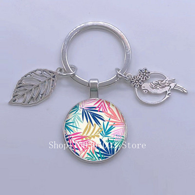 Πράσινα Τροπικά Φύλλα Γυάλινο Κρεμαστό Μπρελόκ Τροπικά Πράσινα Φυτά Φύλλα Γυαλί Cabochon Μπρελόκ Bird Hollow Leaves Μπρελόκ