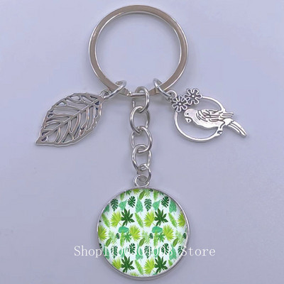 Πράσινα Τροπικά Φύλλα Γυάλινο Κρεμαστό Μπρελόκ Τροπικά Πράσινα Φυτά Φύλλα Γυαλί Cabochon Μπρελόκ Bird Hollow Leaves Μπρελόκ