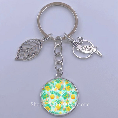 Πράσινα Τροπικά Φύλλα Γυάλινο Κρεμαστό Μπρελόκ Τροπικά Πράσινα Φυτά Φύλλα Γυαλί Cabochon Μπρελόκ Bird Hollow Leaves Μπρελόκ