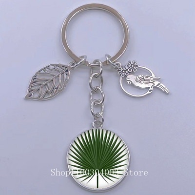 Πράσινα Τροπικά Φύλλα Γυάλινο Κρεμαστό Μπρελόκ Τροπικά Πράσινα Φυτά Φύλλα Γυαλί Cabochon Μπρελόκ Bird Hollow Leaves Μπρελόκ