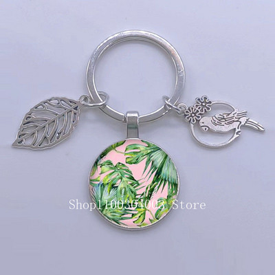 Πράσινα Τροπικά Φύλλα Γυάλινο Κρεμαστό Μπρελόκ Τροπικά Πράσινα Φυτά Φύλλα Γυαλί Cabochon Μπρελόκ Bird Hollow Leaves Μπρελόκ