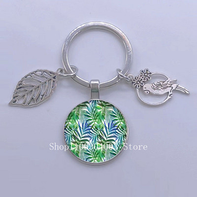 Πράσινα Τροπικά Φύλλα Γυάλινο Κρεμαστό Μπρελόκ Τροπικά Πράσινα Φυτά Φύλλα Γυαλί Cabochon Μπρελόκ Bird Hollow Leaves Μπρελόκ